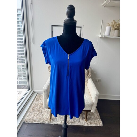 Express Bright Blue Satin Zipper V-Neck Short Sleeve Blouse Size Medium - Picture 1 of 6